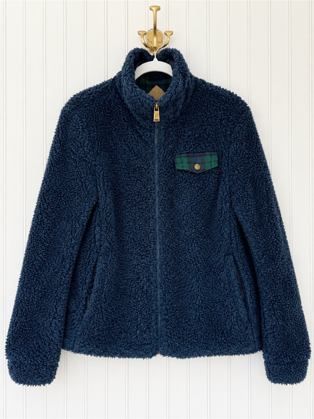 Pendleton Sherpa Teddy Fleece Jacket M Navy Black Watch Plaid Full Zip